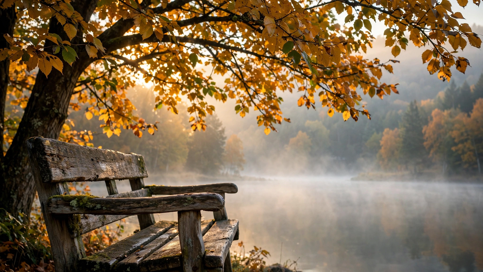 A weathered wooden bench beneath a golden-leafed tree in soft autumn sunlight, overlooking a calm lake at dawn