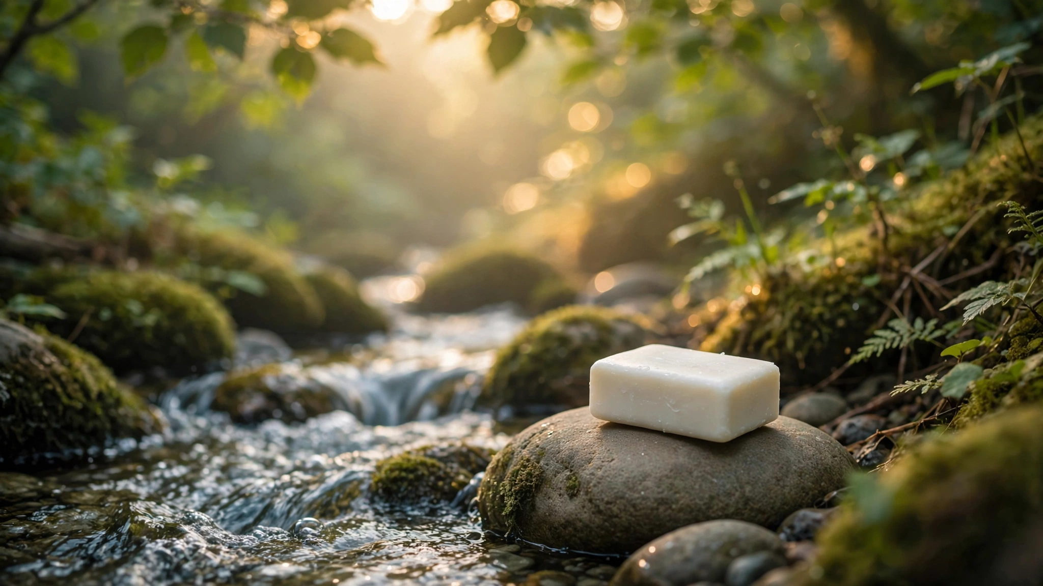 A plain bar of soap resting on a smooth river stone beside clear running water with morning sunlight