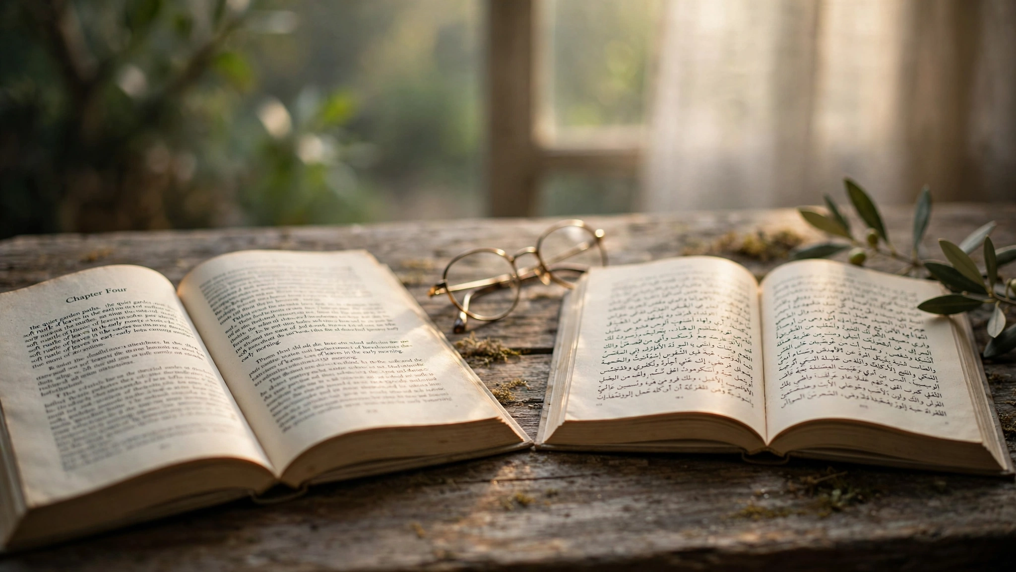 Two open books with different scripts resting on a weathered wooden table in soft morning light, with reading glasses between them