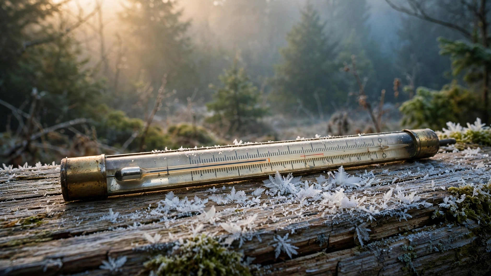 A vintage mercury thermometer resting on weathered wood in soft morning light with frost crystals and misty forest backdrop