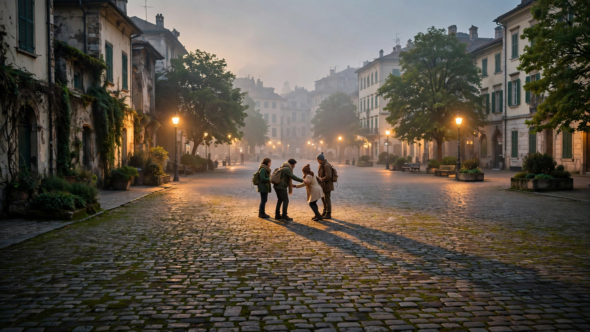 A city plaza at dusk with warm streetlights casting long shadows across cobblestones