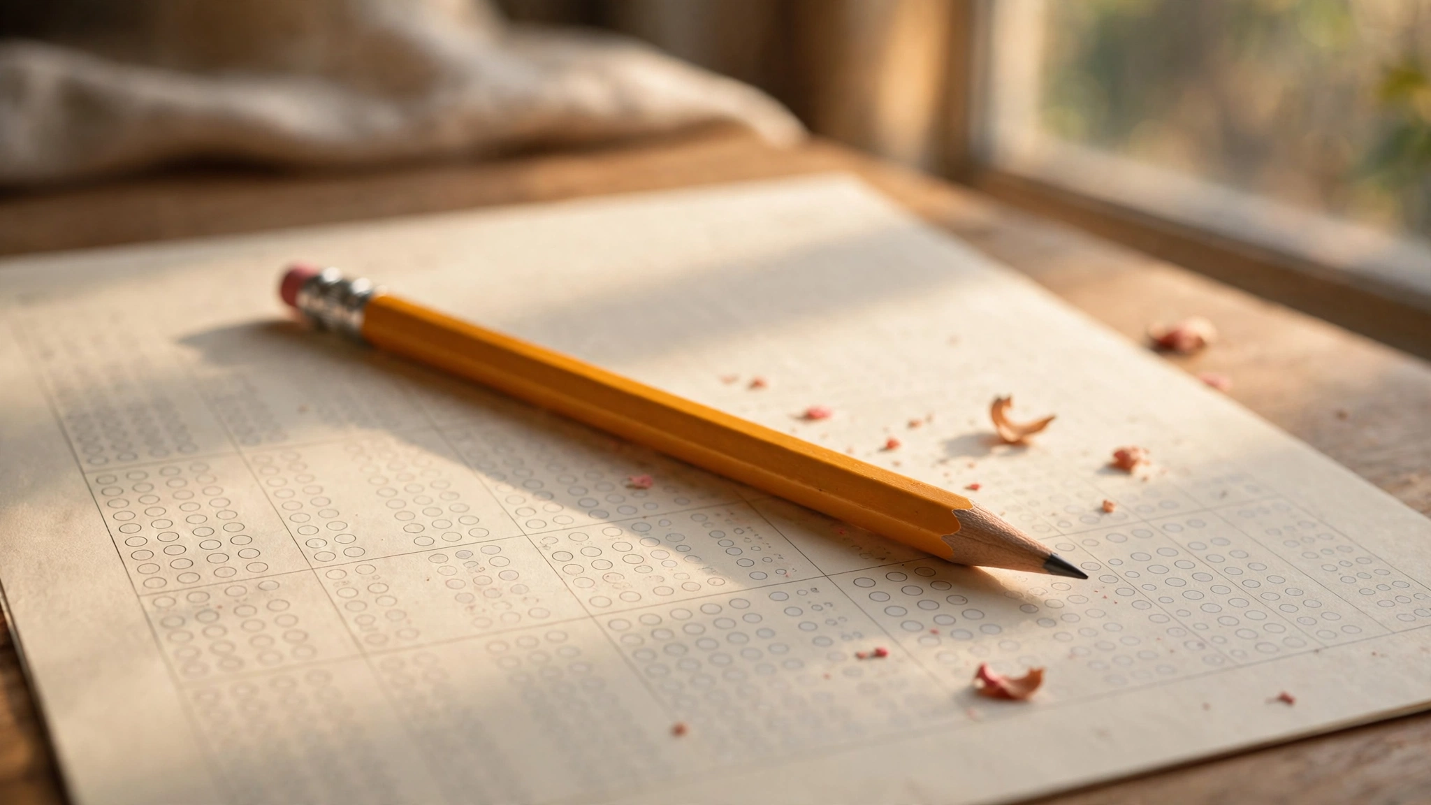 A single sharpened pencil resting on a blank answer sheet with scattered eraser shavings in warm natural light