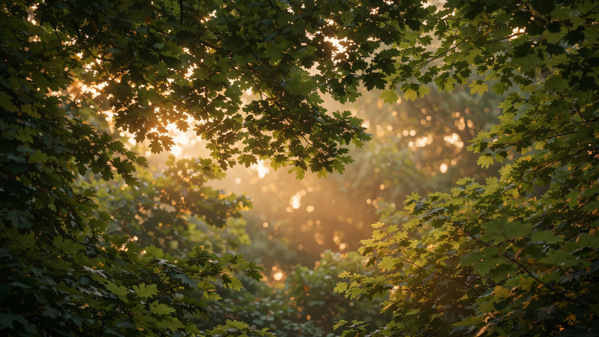Dense green tree canopy seen from below with warm sunlight filtering through gaps in the leaves