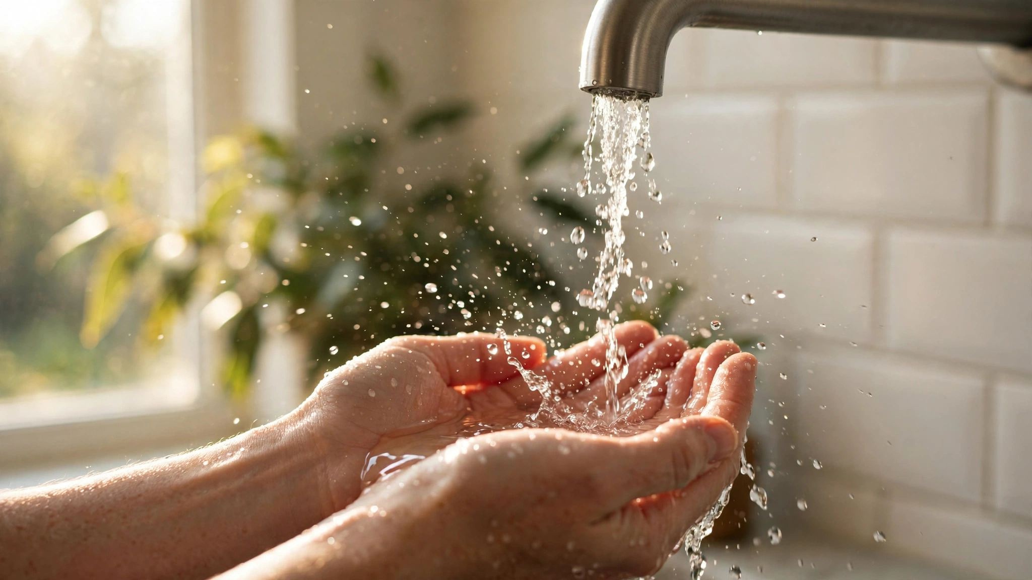 Clear cold water streaming from a kitchen faucet into cupped hands with morning light refracting through water droplets