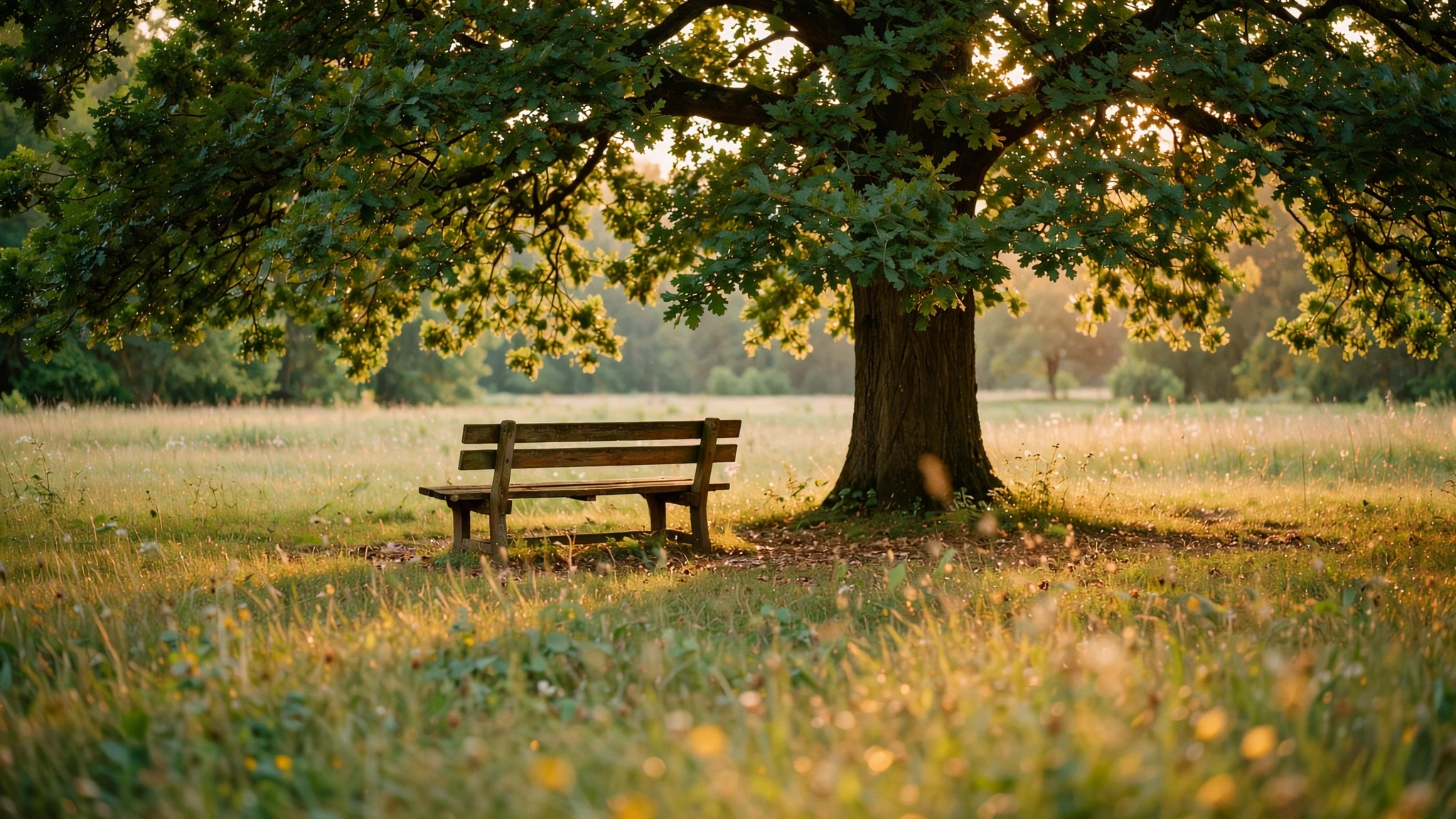 An empty wooden park bench beneath a large solitary oak tree with dappled sunlight filtering through dense summer leaves, facing a quiet meadow