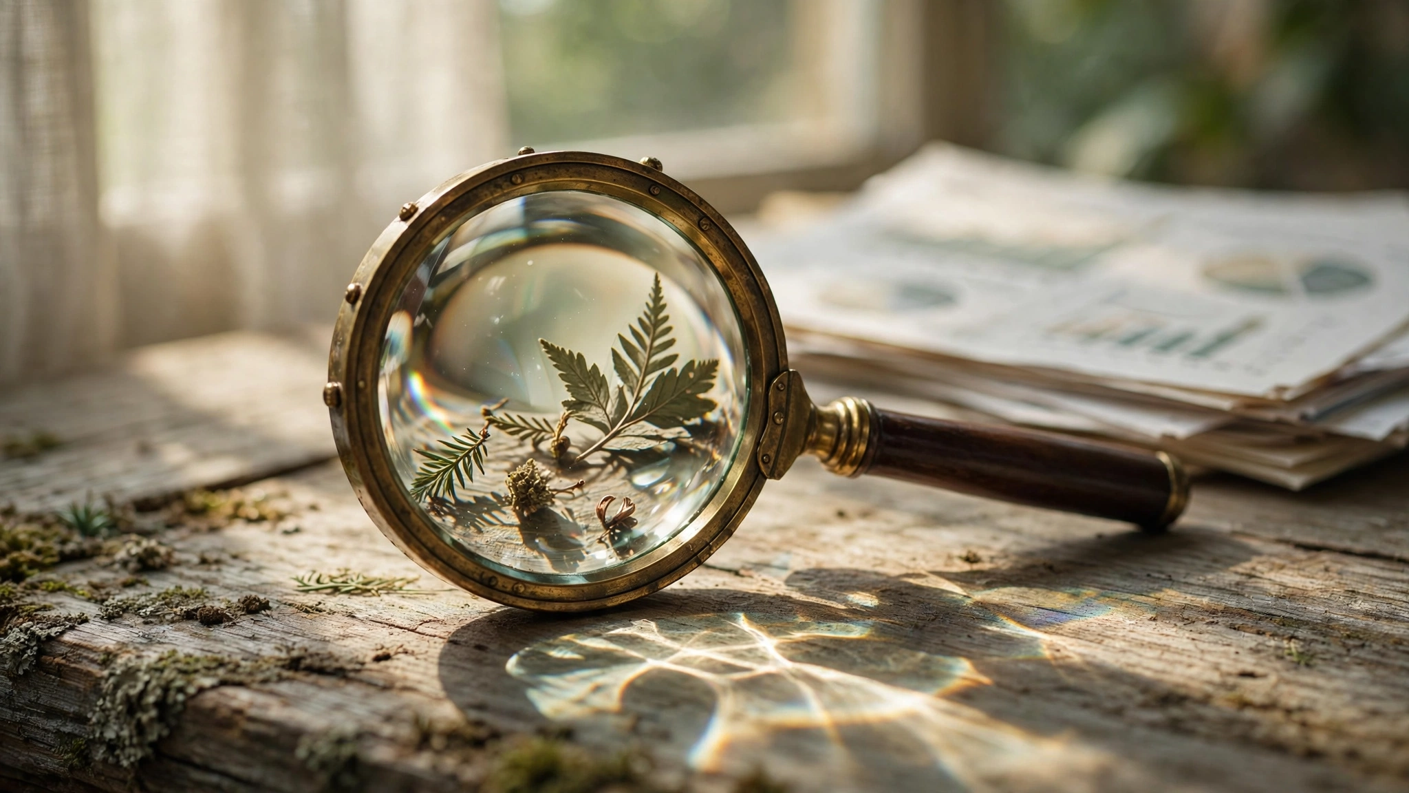 A brass magnifying glass on weathered wood refracting light in unexpected patterns with blurred academic papers behind it