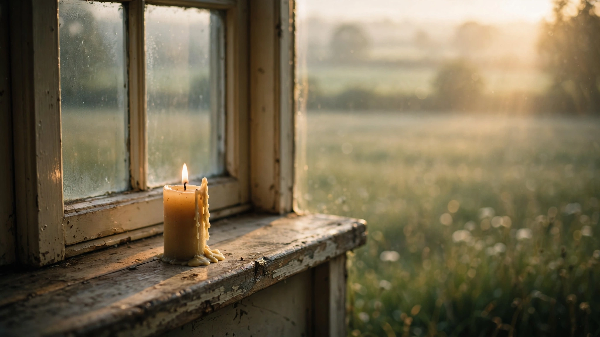 A lit candle on a worn wooden windowsill with soft golden morning light streaming through the glass and a peaceful meadow beyond
