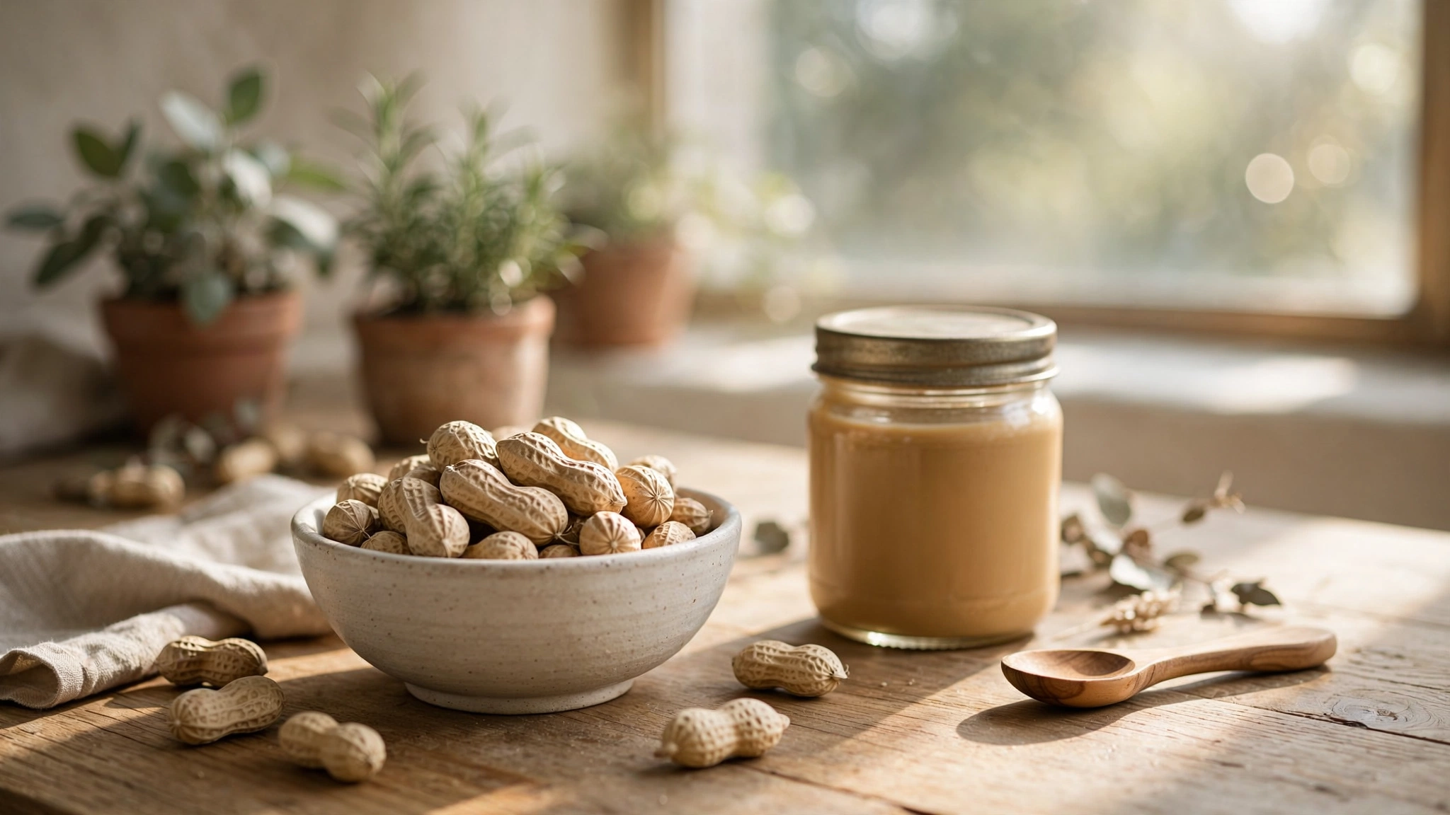 A small bowl of peanuts and a baby spoon resting on a sunlit wooden table beside a windowsill herb garden