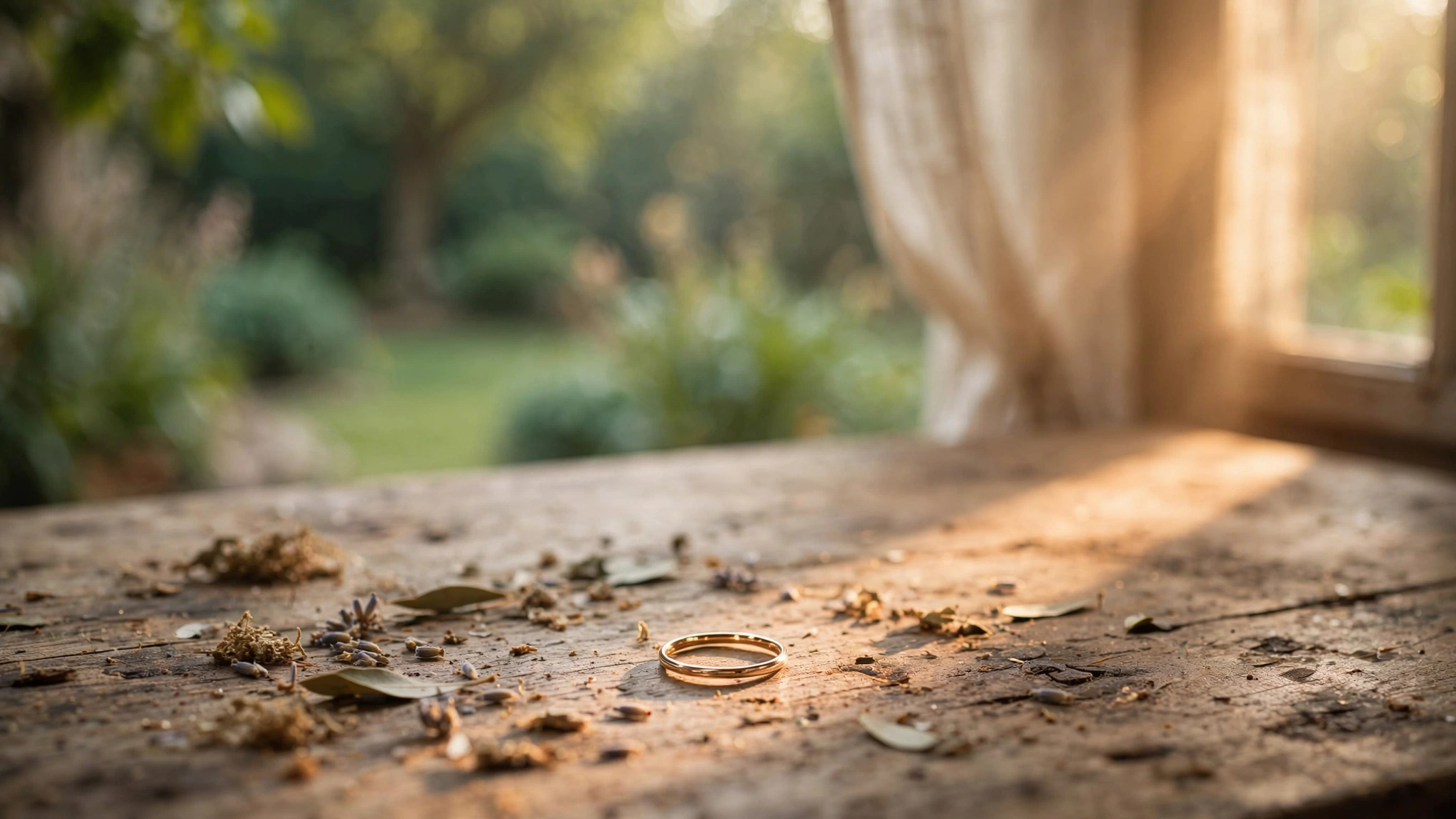 A single gold wedding band resting on a worn wooden table in warm amber morning light