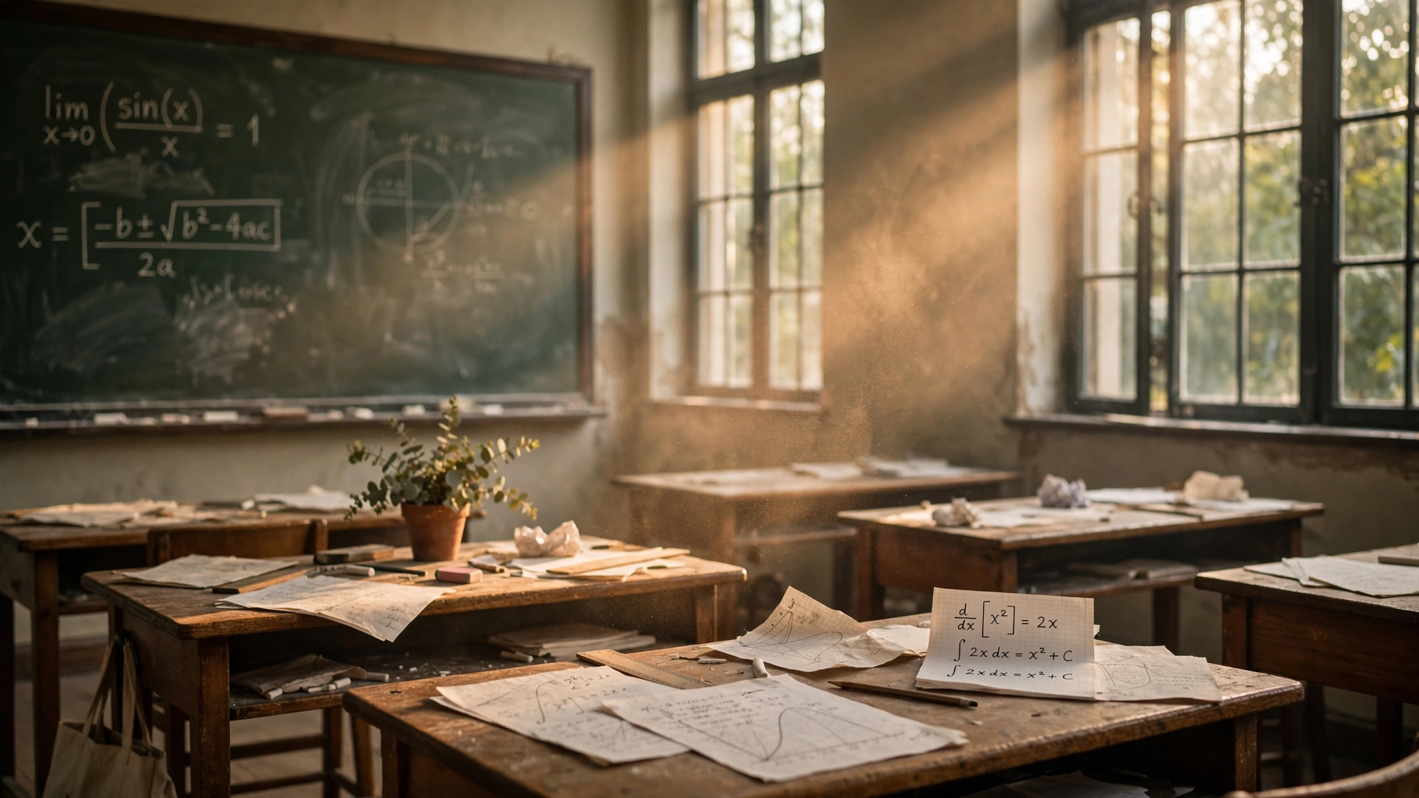 Morning light streaming through tall classroom windows onto a chalkboard with partially erased equations