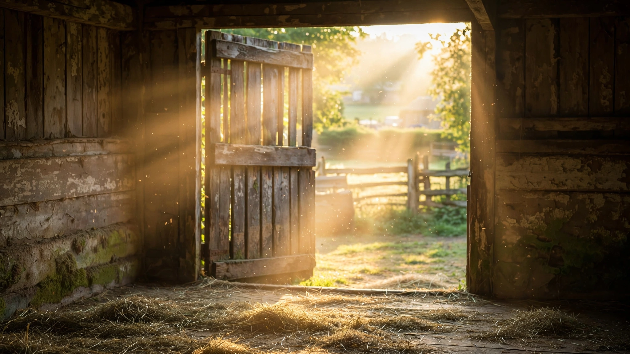 Morning sunlight streaming through a weathered barn door onto a hay-strewn floor with dust motes floating in the golden light