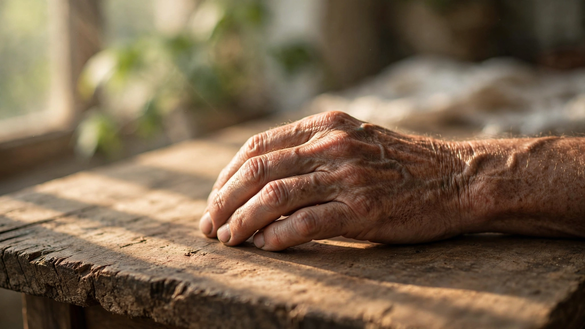 A weathered hand resting on a rough wooden table in warm morning light