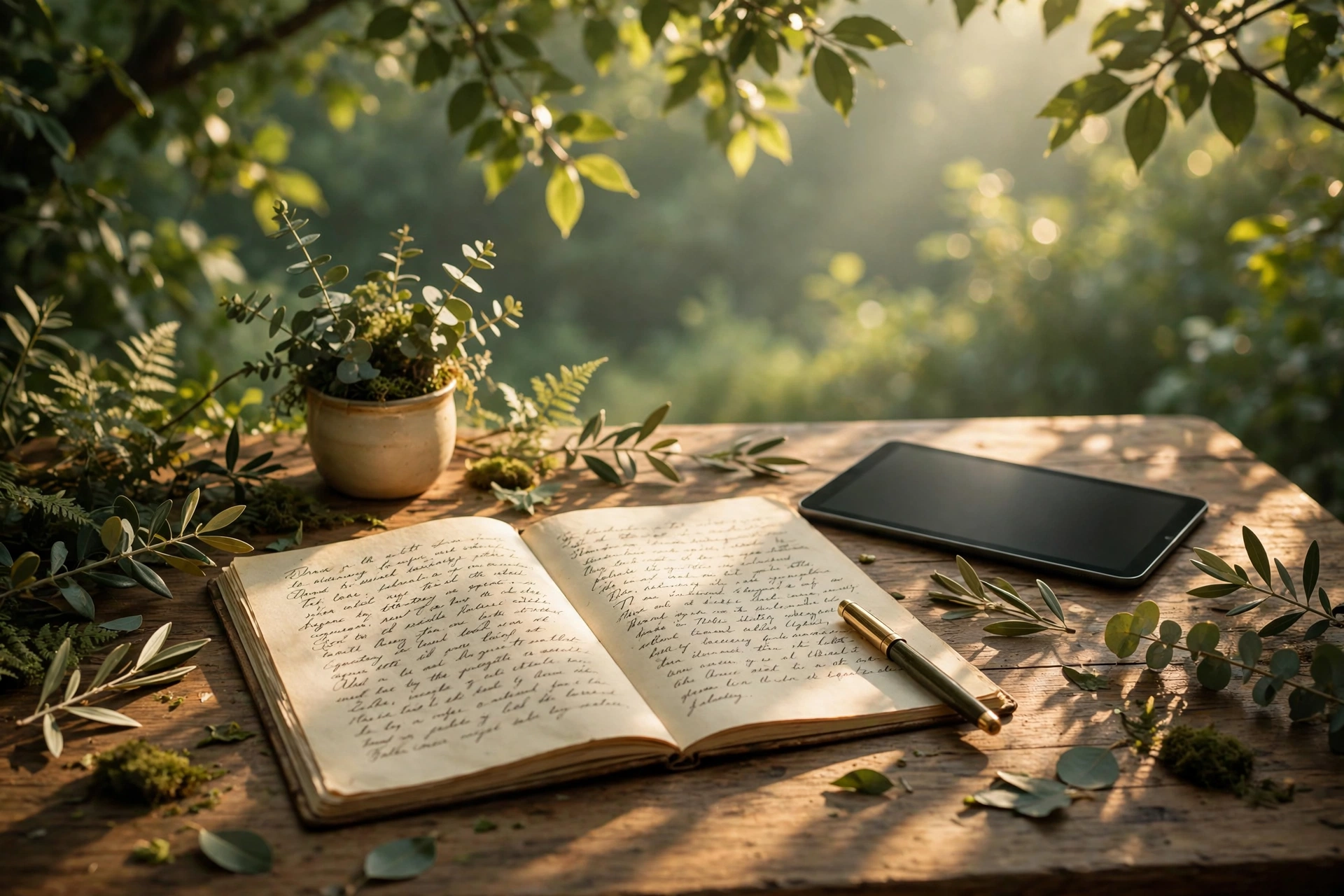 Wooden desk in soft morning light with open notebook showing handwritten cursive, fountain pen resting on paper, tablet nearby, earthy greens and warm cream tones