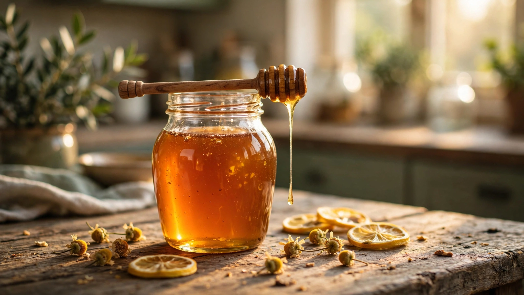 A glass jar of golden honey catches warm afternoon light on a rustic wooden surface with dried herbs scattered nearby