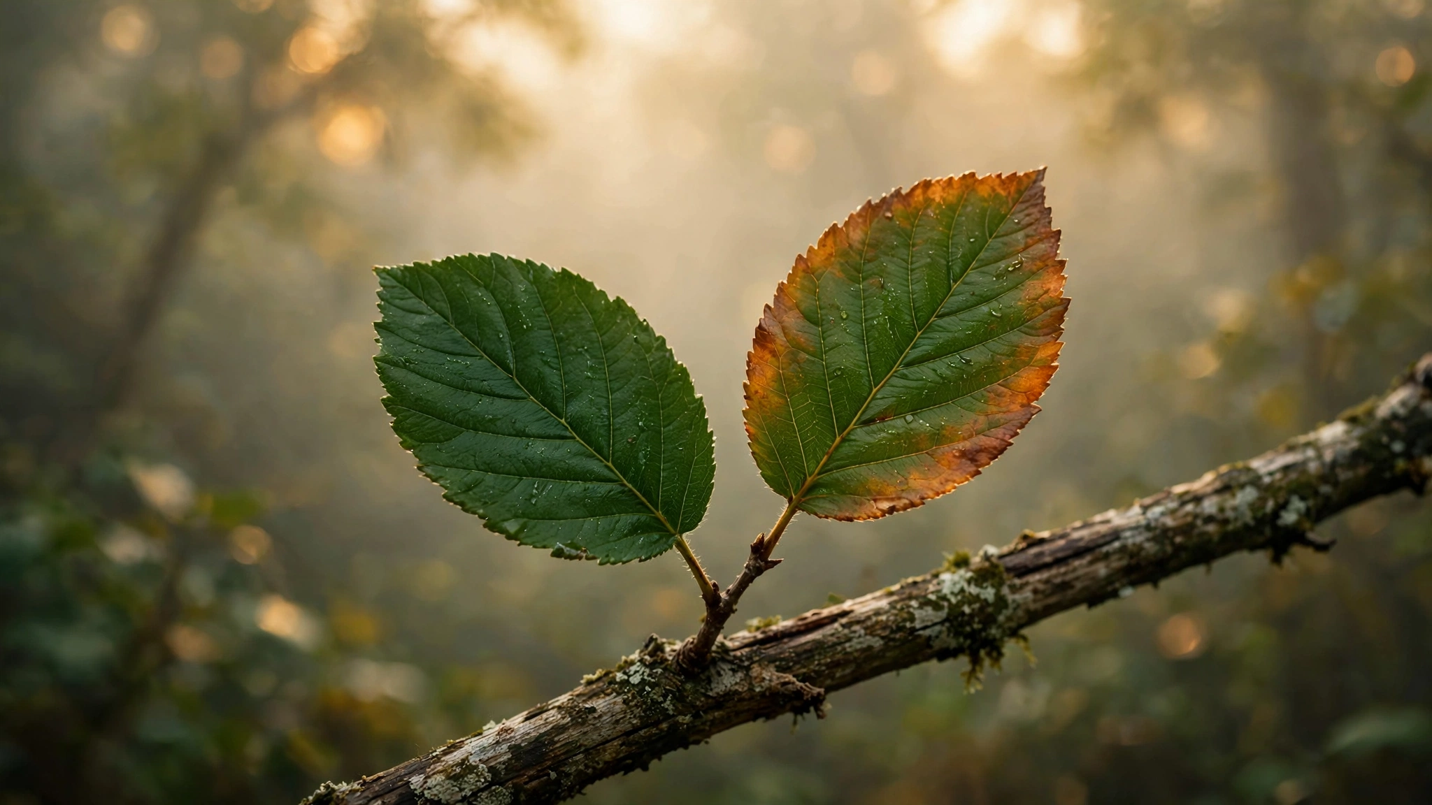 Two identical green leaves on the same branch, one beginning to show autumn amber tones while the other remains deep green, in soft golden morning light