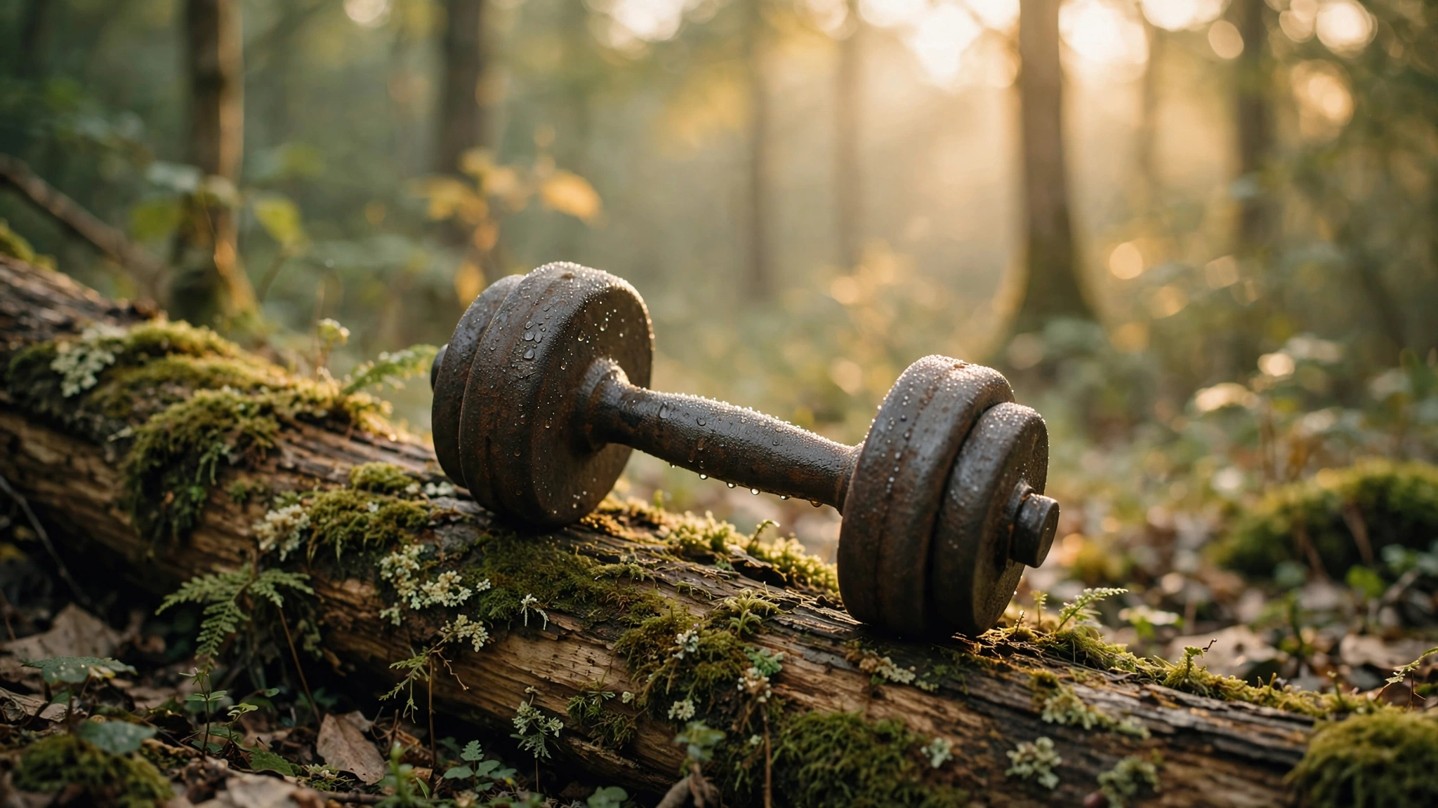 A weathered iron dumbbell resting on a moss-covered fallen log in a sunlit forest clearing with soft morning light filtering through tall trees