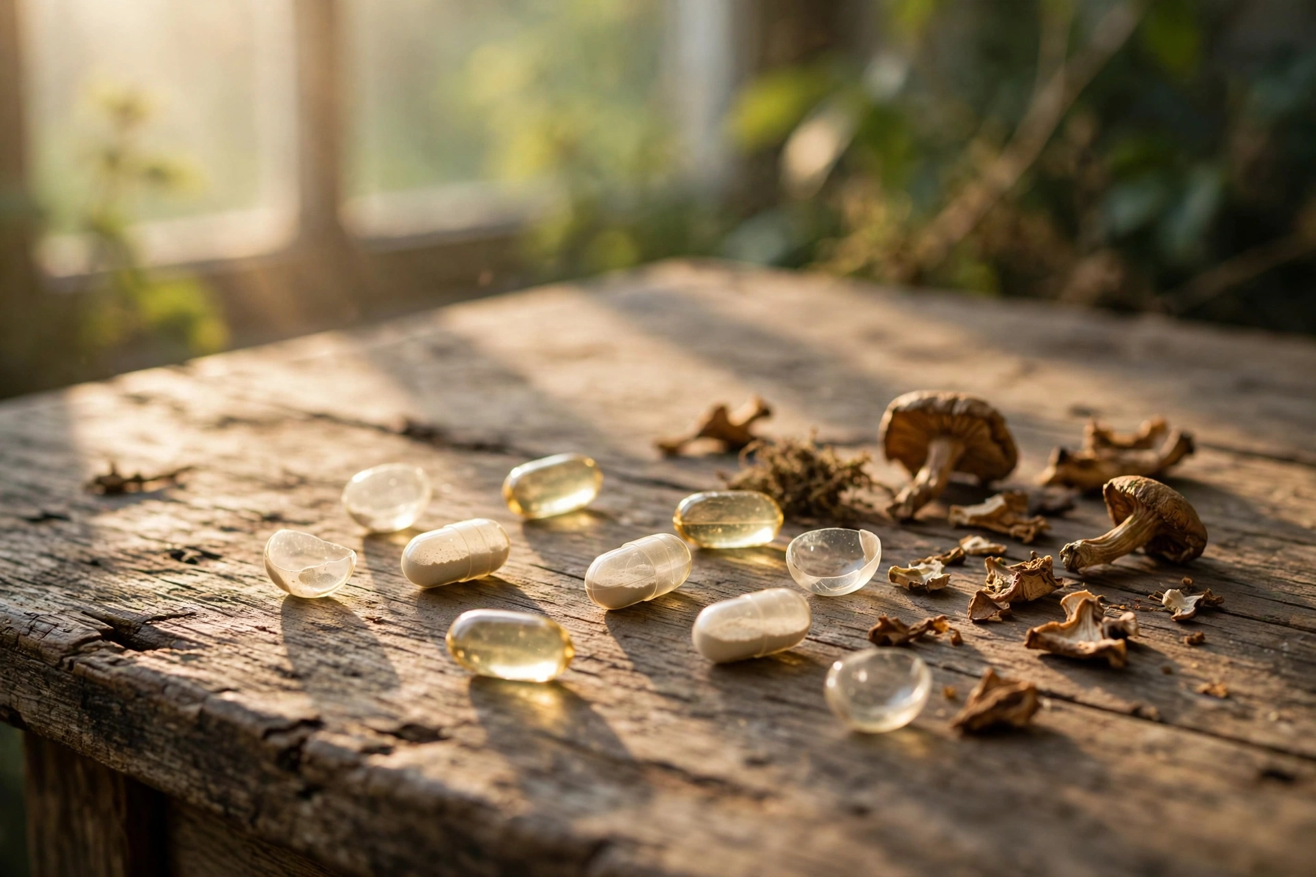 Small translucent capsules scattered on a weathered wooden table in warm morning light, some empty and some filled, beside a single dried mushroom in earthy muted tones
