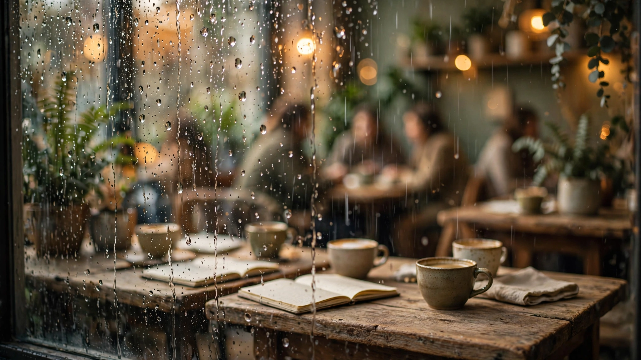 A warm busy café interior seen through a rain-dotted window, golden ambient light spilling across wooden tables