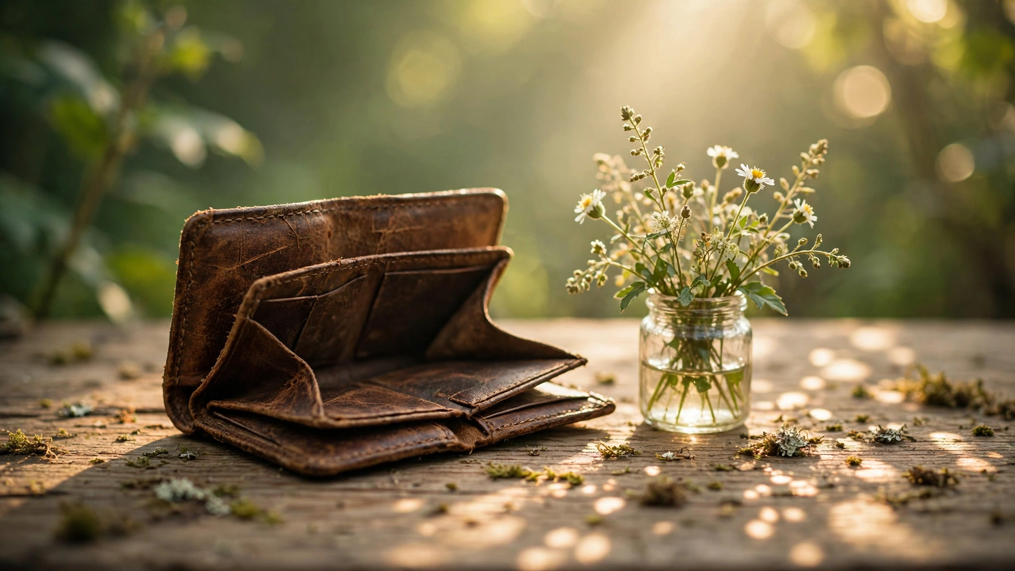 A weathered leather wallet resting open on a sun-dappled wooden surface next to a wildflower in a glass jar, soft golden morning light
