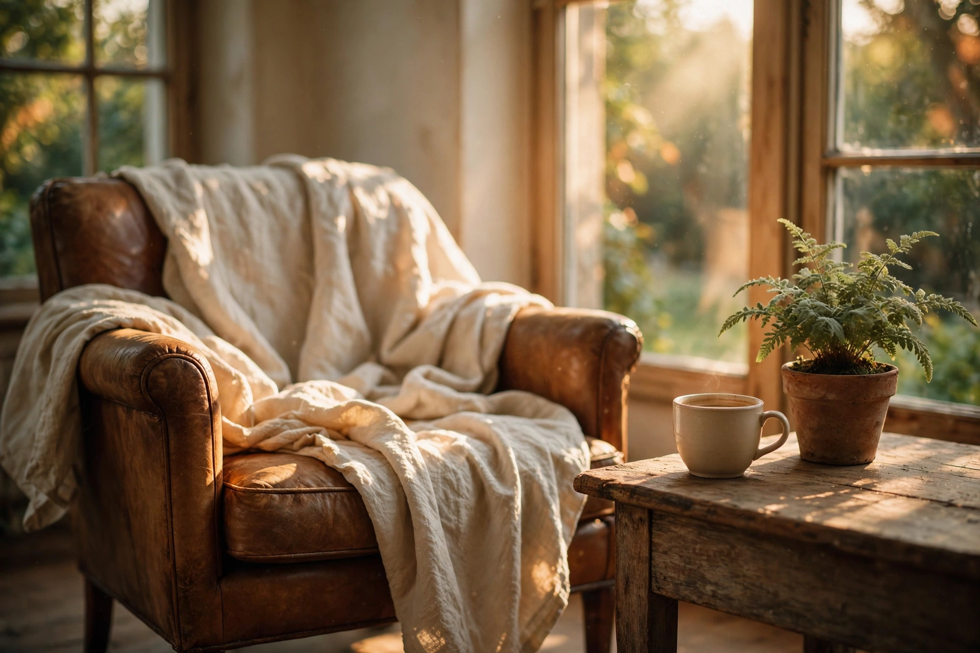A warm afternoon scene showing a rumpled linen blanket on a sun-dappled couch beside a window, an untouched coffee cup cooling on a side table, soft natural light in earthy tones