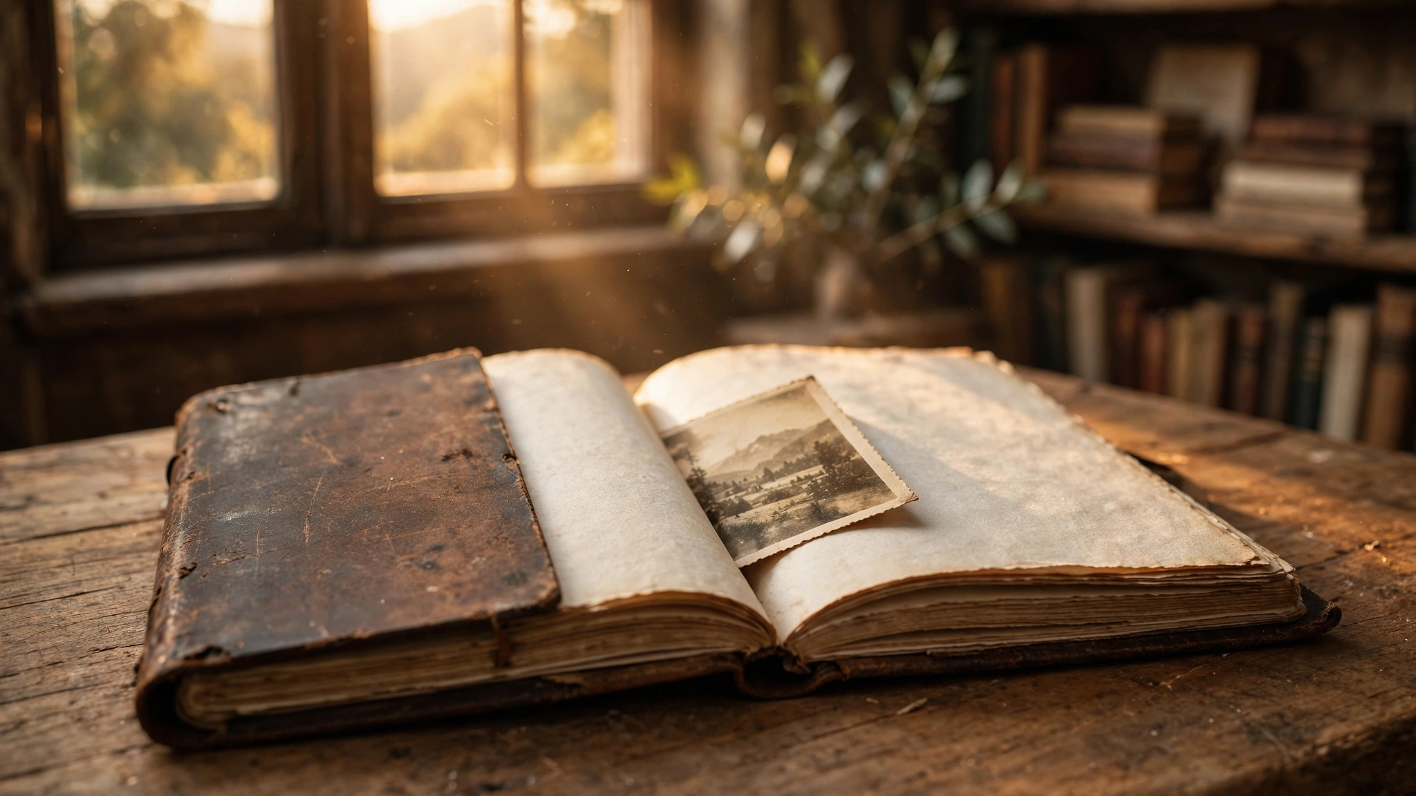 A worn leather journal lies open on a wooden table in warm golden light, with a faded sepia photograph tucked between its pages