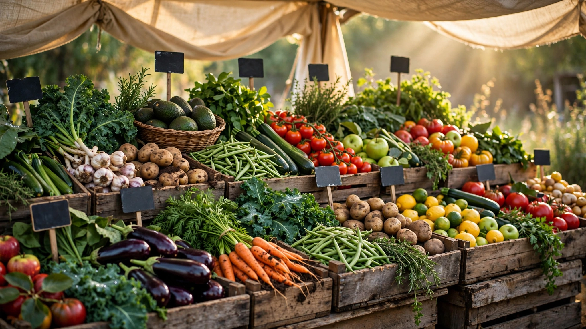 A farmer's market produce display with vibrant organic vegetables and handwritten price tags