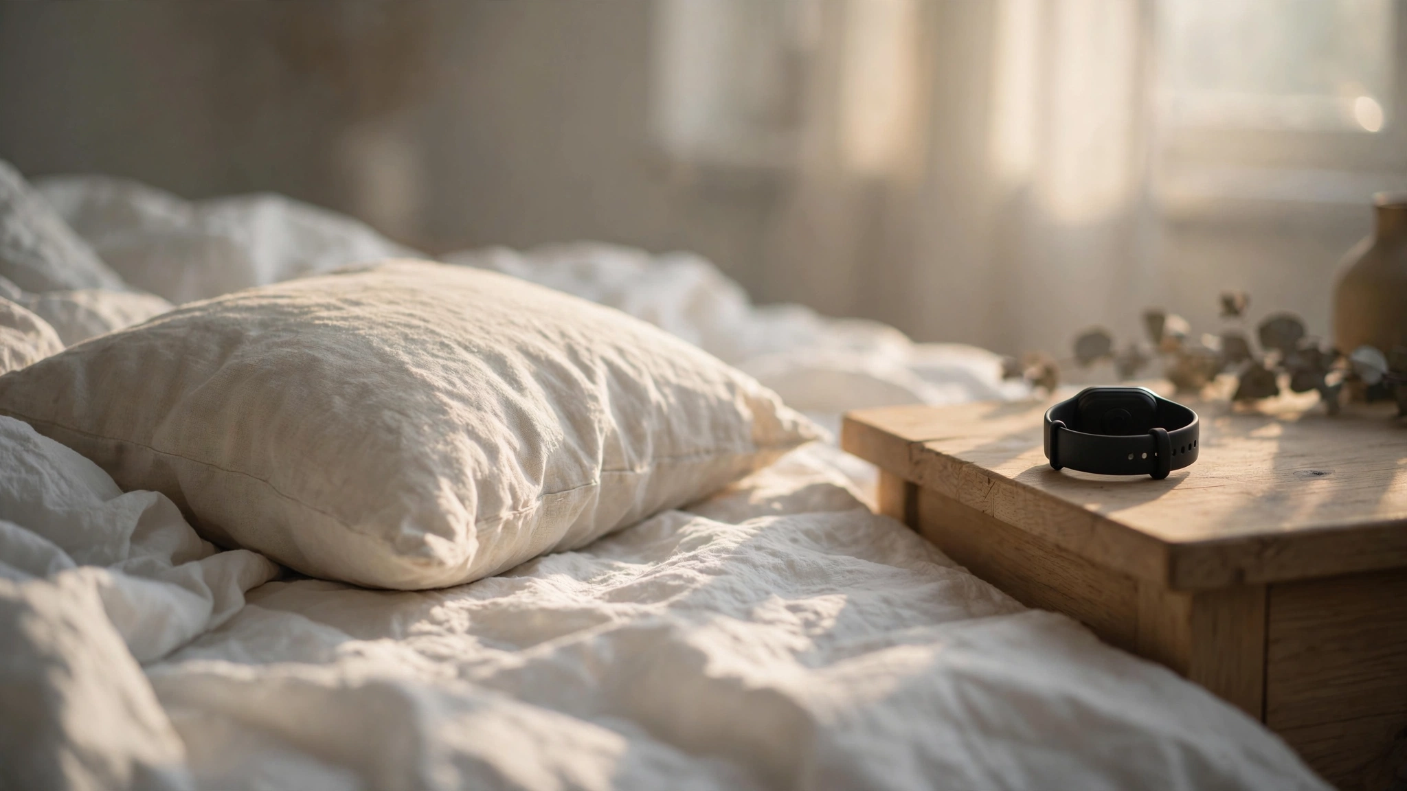 A single pillow on rumpled white bed sheets in early morning light with a fitness tracker resting face-down on the nightstand