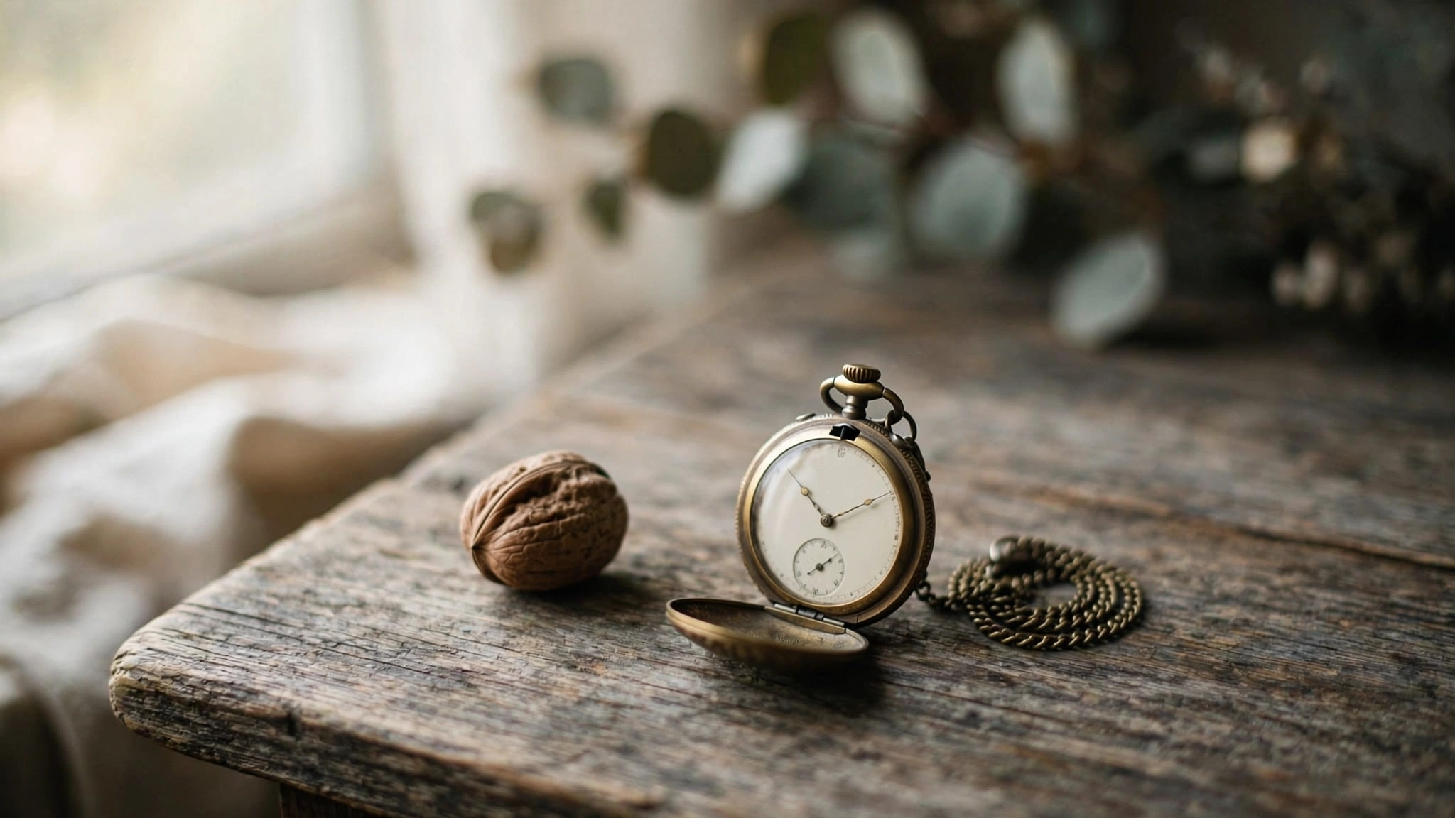 A walnut and a pocket watch resting on a weathered wooden surface in warm natural morning light