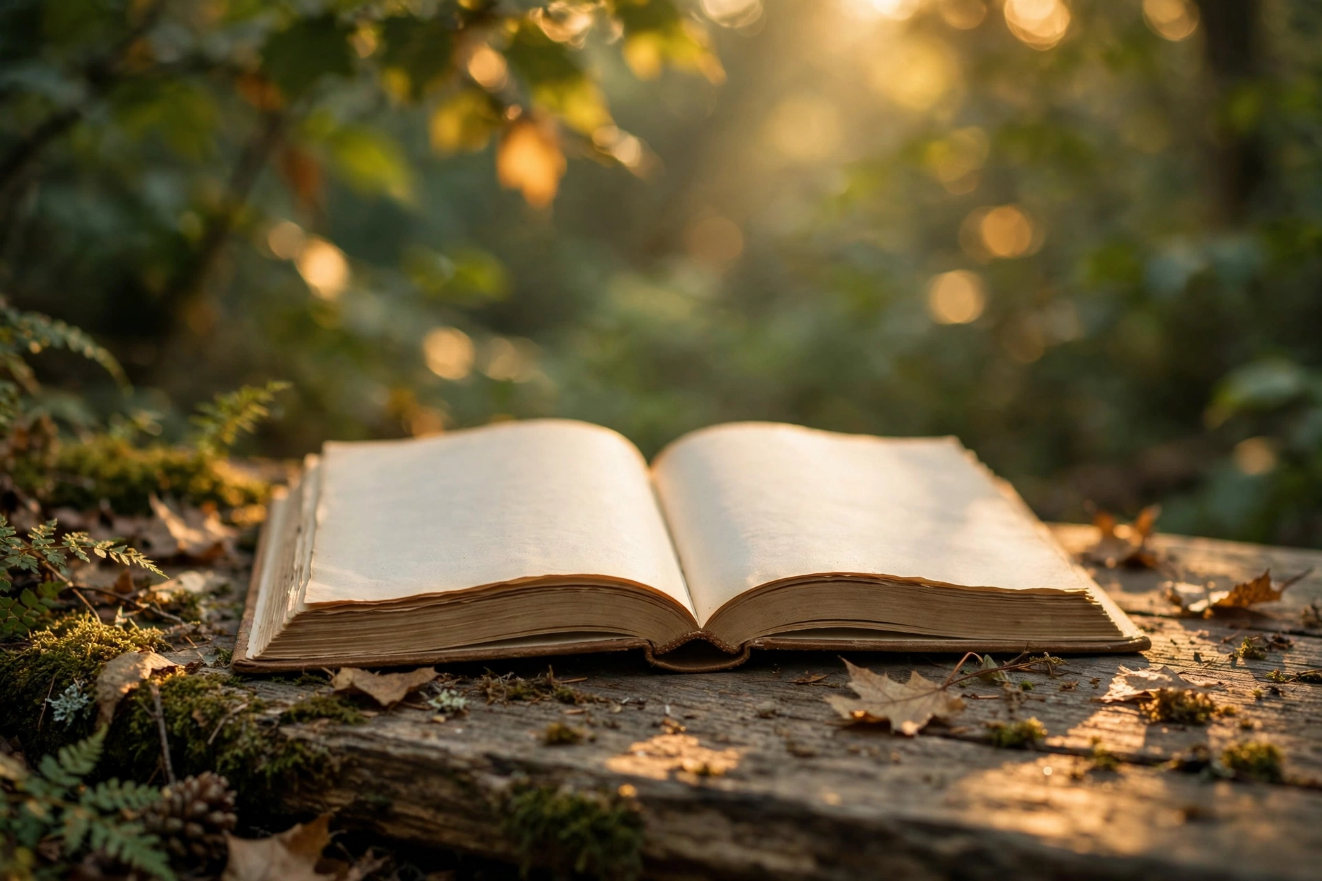 An open book on weathered wood in dappled forest light with golden morning sun filtering through leaves, earthy greens and warm amber tones