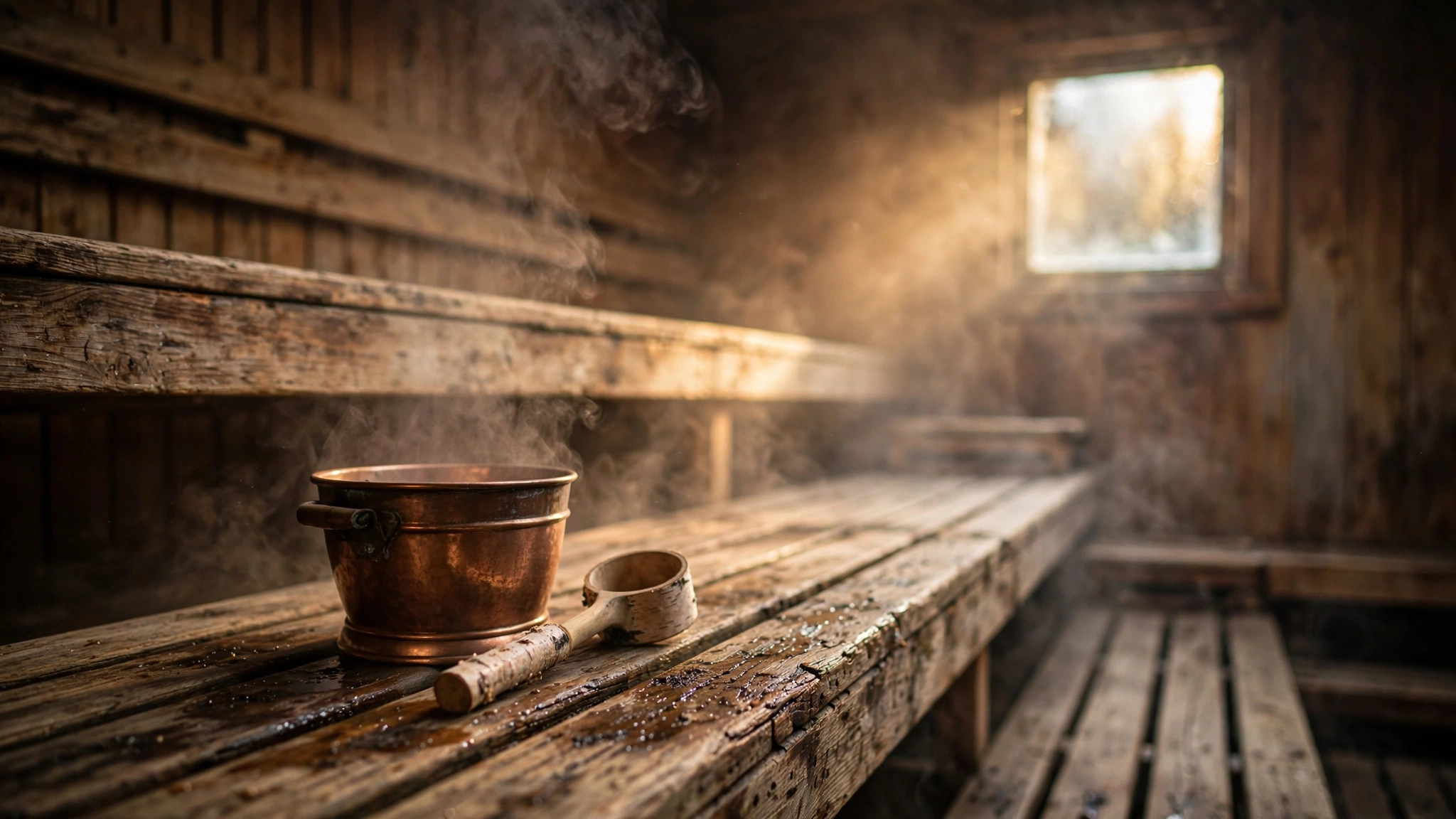 Soft golden light filtering through the wooden slats of a Finnish sauna, steam rising gently in the warm air