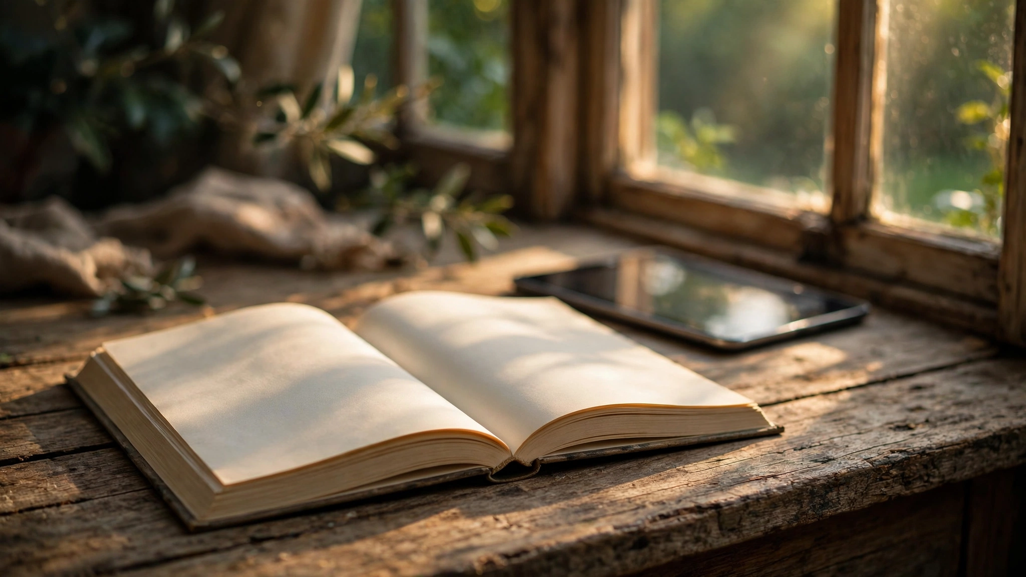 An open printed book resting on a weathered wooden desk near a window with soft natural light, a tablet face-down beside it in shadow, with earthy warm tones