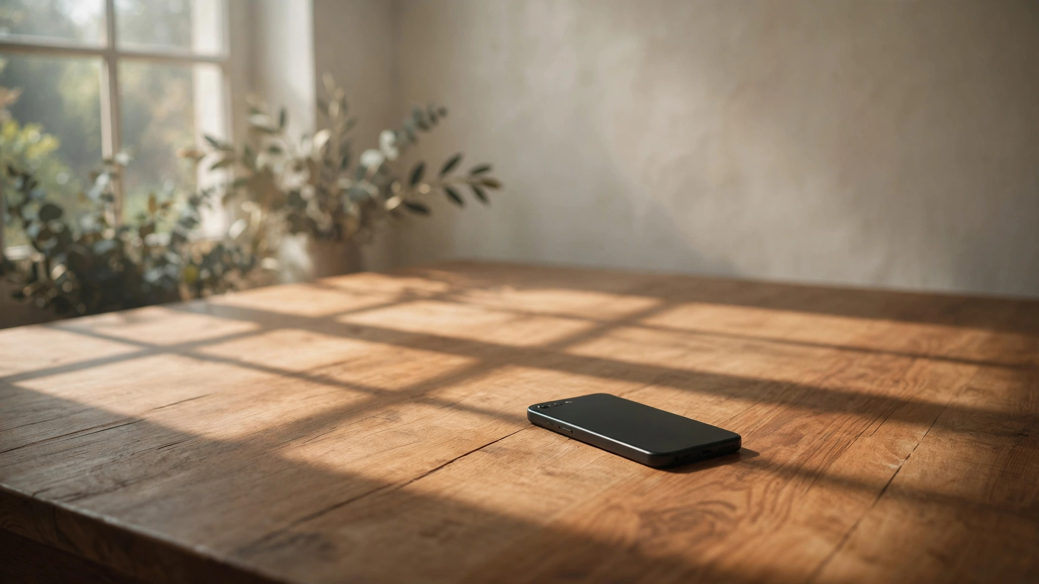 A single smartphone lying face down on a bare wooden desk, soft early morning light casting a geometric shadow across warm grain