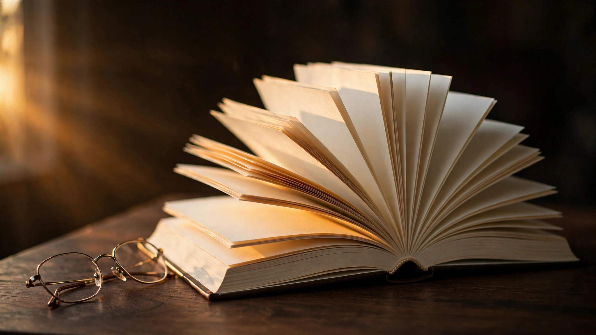An open book with blurred pages fanning outward in warm golden light against a dark background