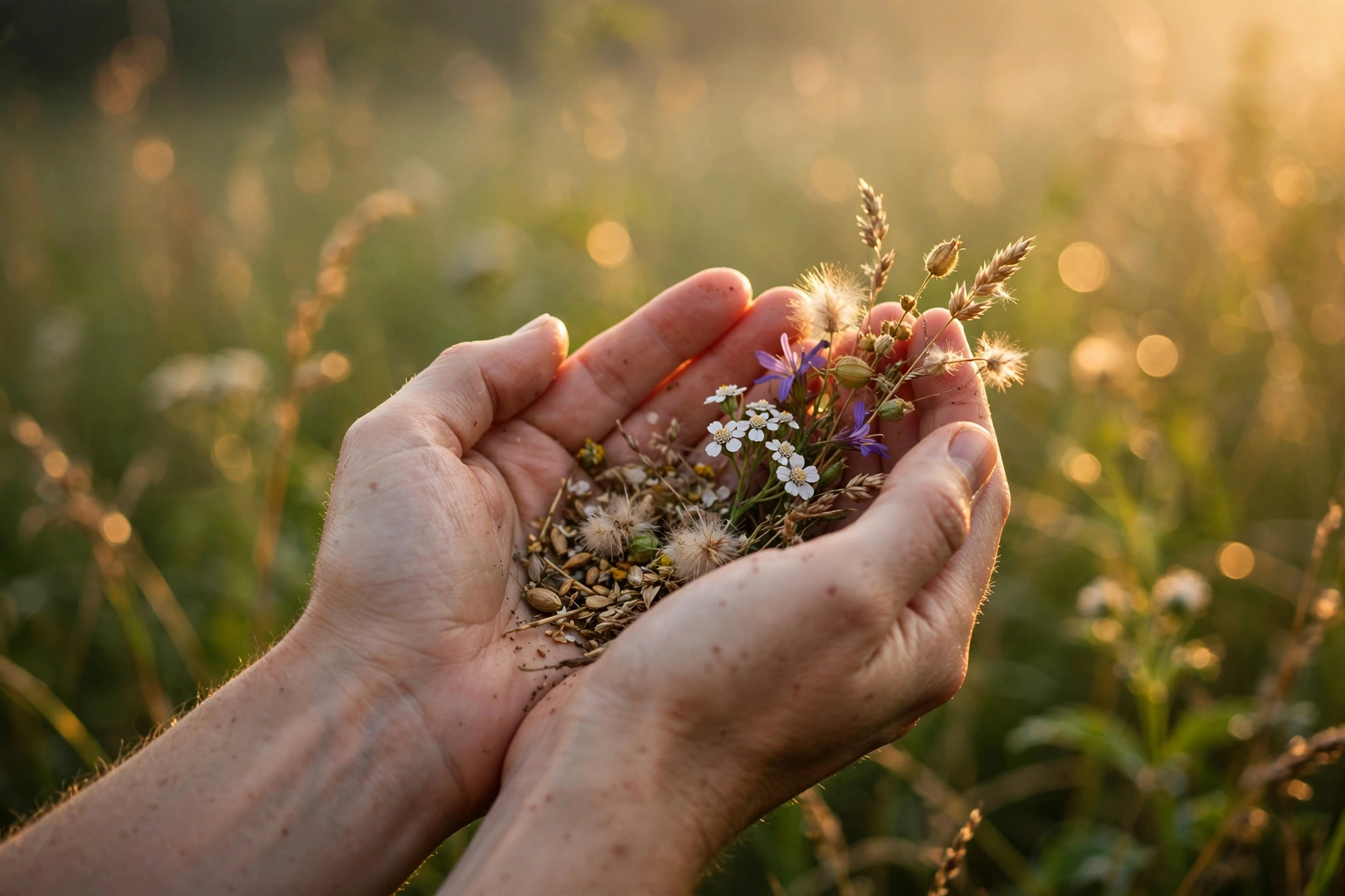 Open hands cupping wildflowers and seeds in warm golden morning light