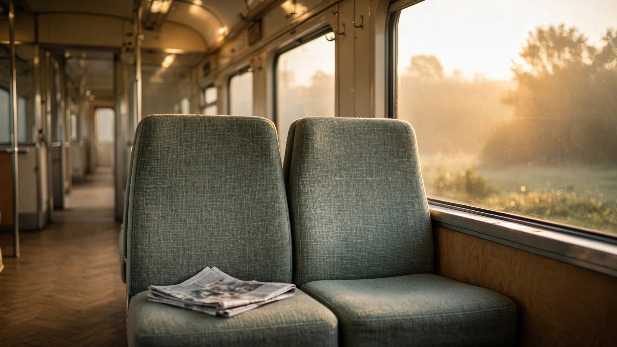 An empty commuter train car bathed in warm golden morning light