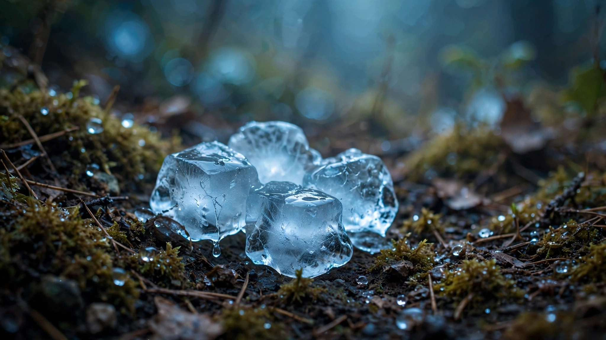 Ice cubes and water droplets on a dark surface with cool blue light diffusing through the ice