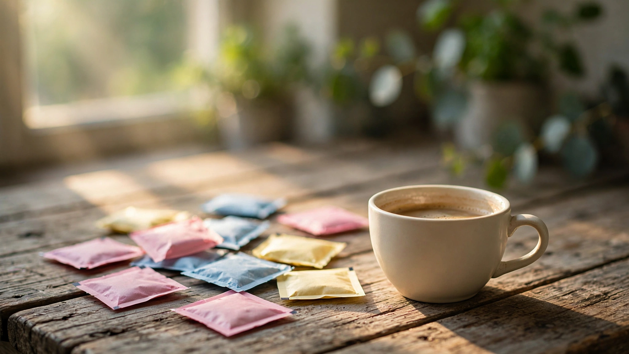 A scattering of pastel sweetener packets beside a ceramic coffee cup on a weathered wooden table in soft morning light