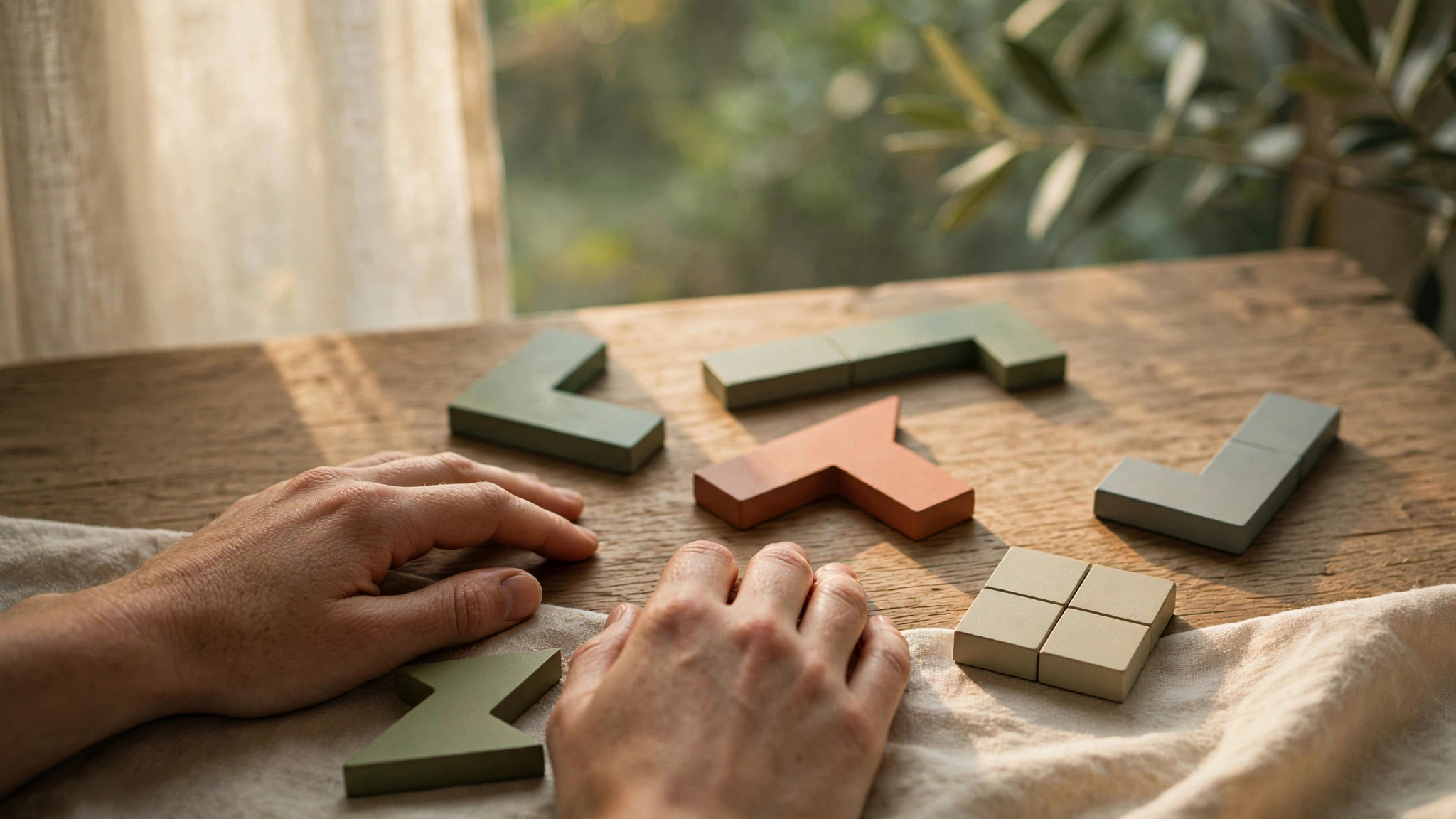 Hands resting on a table with geometric colored blocks scattered in soft warm light from a nearby window