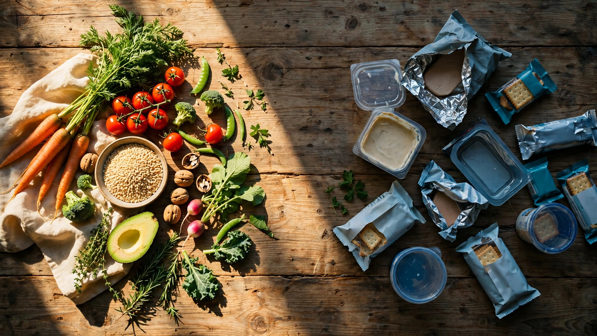 A split kitchen scene showing ultra-processed food alongside whole food under clinical lighting