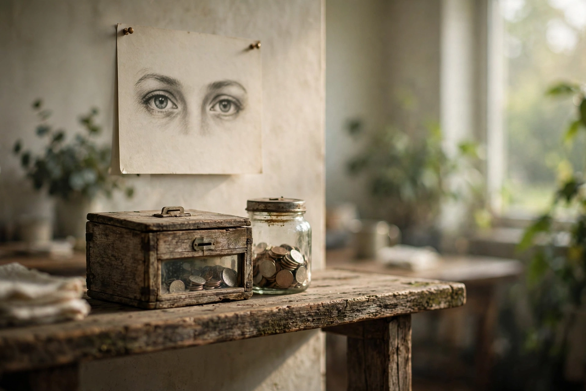 University coffee room honesty box with watching eyes poster, earthy greens warm creams